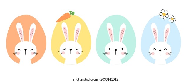 Conejo de Pascua con zanahoria, flor de margarita e íconos de huevos aislados en ilustración vectorial de fondo blanco.