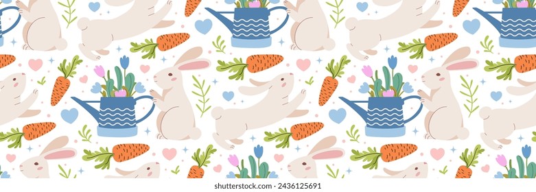 El conejo de Pascua, la zanahoria y el riego de jardín pueden seguir un patrón sin fisuras. Fondo con conejos, vegetación. Tradicional fondo festivo. Para tarjeta de felicitación, banner, textiles, papel pintado. Ilustración de vector