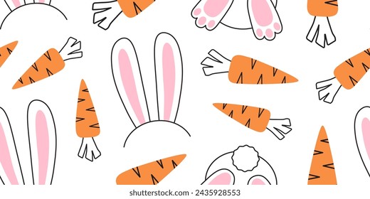 Easter rabbit and carrot seamless pattern, bunny ear and butt background. Cute line animal element. Cartoon vector illustration