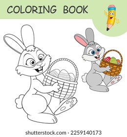 Easter Rabbit carrying basket with full of decorated Eggs. Side view. Coloring book. Template of colorless and color samples Hare on coloring page. Practice worksheet for kids of shool or kindergarten