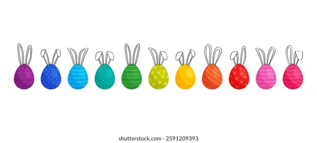 Easter rabbit, cartoon bunny icon, cute egg hunt, animal drawn with ears, spring character, holiday funny colorful collection isolated on white background. Vector illustration line and flat design