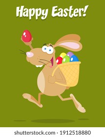 Easter Rabbit Cartoon Character Running With A Basket And Egg. Vector Illustration Flat Design With Background And Text