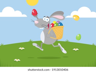Easter Rabbit Cartoon Character Running With A Basket And Egg. Vector Illustration Flat Design With Landscape Background