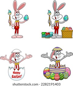 Easter Rabbit Cartoon Mascot Character. Vector Hand Drawn Collection Set Isolated On Transparent Background