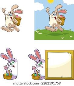 Easter Rabbit Cartoon Mascot Characters. Vector Hand Drawn Collection Set Isolated On Transparent Background
