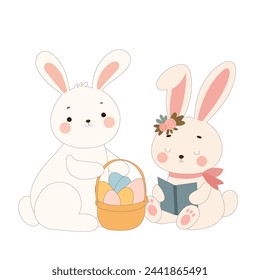 Easter Rabbit Cartoon Mascot. Cute Funny Easter Traditionat Egg Hunter Symbol Bunny Rabbit Doodle Illustration. Happy Easter Holiday Card Background Rabbit Element Doodle Cute Design.
