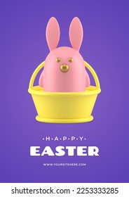 Carácter de conejo de Pascua bauble en la canasta 3d tarjeta de felicitación plantilla de diseño de vector realista ilustración vectorial. Juguete de animales confitura fiesta de la fiesta tradicional felicitaciones Cristianismo elemento de decoración