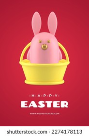 Easter rabbit character bauble in basket 3d greeting card design template realistic vector illustration. Bunny animal toy religious holiday traditional congratulations Christianity decor element