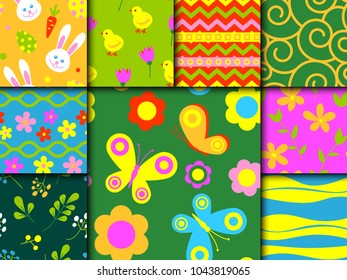 Easter rabbit character bunny seamless pattern background vector cute happy animal illustration decorative ornament nature flora decoration..