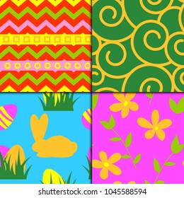 Easter rabbit character bunny seamless pattern background vector cute happy animal illustration decorative ornament nature flora decoration..