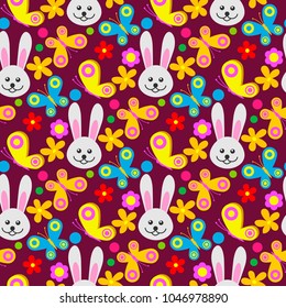 Easter rabbit character bunny seamless pattern background vector cute happy animal illustration decorative ornament nature flora decoration..