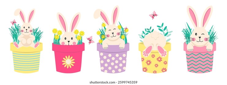 Easter rabbit character collection in garden pot in cartoon style