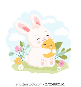 Coelho de Páscoa Personagem abraça filhote e Flora Clipart Elemento. Ilustração de impressão vetorial