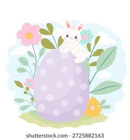 Coelho de Páscoa Personagem no ovo e Flora Clipart Elemento. Ilustração de impressão vetorial