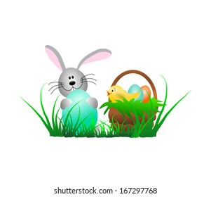 easter rabbit and chick are hiding eggs
