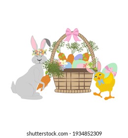 Easter rabbit and chick vector illustration on the white background.