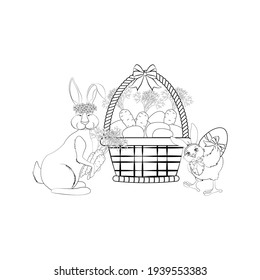 Easter rabbit and chick vector illustration outline on the white background.
