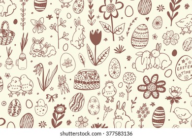 easter rabbit chicken eggs flowers outline pattern background