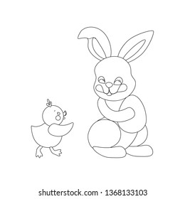 Easter rabbit and chicken outline on the white background. Vector illustration