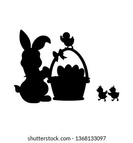 Easter rabbit and chicken silhouette on the white background. Vector illustration