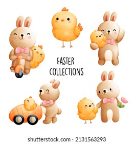 Conejo y pollo de Pascua, ilustración vectorial