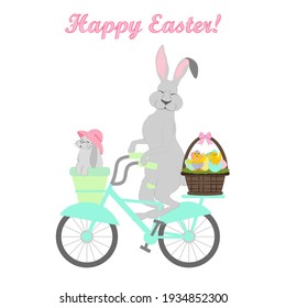 Easter rabbit and chicks on bicycle vector illustration on the white background.