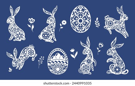 Easter rabbit. Chocolate bunny. Spring flowers. Egg hunt. Modern silhouette pattern. Floral ornament. Spring animal. Cony mammal. Vintage paper. Basket for eggshells. Vector tidy holiday elements set