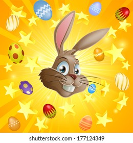 An Easter rabbit and chocolate eggs illustration with the Easter bunnyÃ?Â¢??s face in the centre