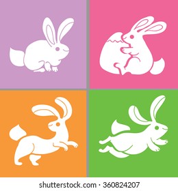 Easter rabbit collection - cute rabbits characters set. Vector white rabbits hugging Easter egg, running funny bunny, shapes of funny animals for holiday cards, decoration, craft, banner, sticker. 