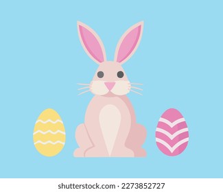 Easter rabbit with color eags in flat style. Spring illustration. Bunny