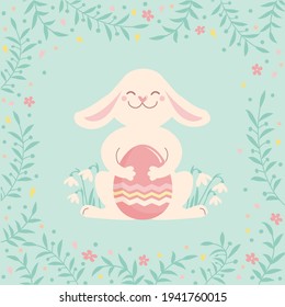 Easter rabbit and color easter egg. Cute bunny hold easter egg. Vector tender color illustration for greeting card background with floral frame