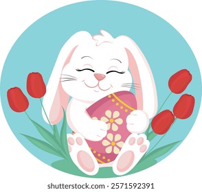 Easter rabbit with a colored egg. Bunny sitting with an egg near flowers