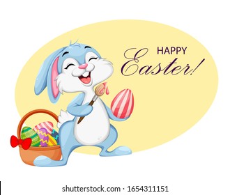 Easter rabbit with colored egg. Greeting card with Funny Easter bunny cartoon character. Stock vector