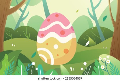 Easter, rabbit, colored eggs, little white rabbit in the forest, western festival, vector illustration