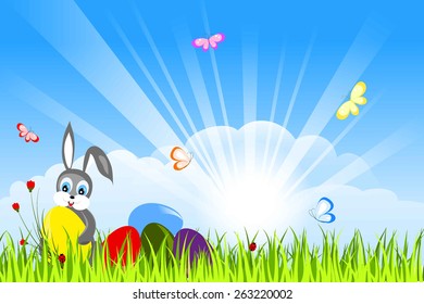 easter rabbit, colorful eggs and flowers in green grass, batterflies, sun rays and white clouds on blue sky, simple vector illustration