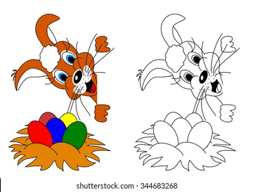 Easter rabbit with colorful eggs in the nest as a coloring for kids - vector
