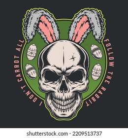 Easter Rabbit colorful flyer vintage with skull instead face and egg decorated with classic pattern for horror-style holiday vector illustration