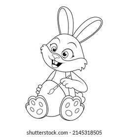 Easter Rabbit. Coloring page with colorless cartoon Bunny painting brush Easter egg. Template of coloring book with Hare for kids. Practice worksheet or Anti-stress page. Logic outline education game.