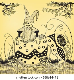 Easter rabbit is coming from a big decorated egg, as happy surprise.