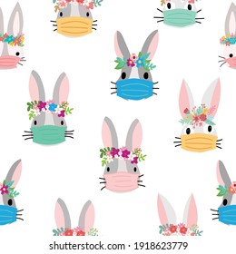 Easter rabbit Coronavirus social distancing seamless vector pattern. Repeating Covid pandemic Easter bunny with face mask background Easter holidays. Cute holiday illustration for fabric, face mask.