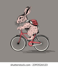 Easter rabbit, cute bunny with eggs in a basket riding bike. Old fashioned, vintage stock vector illustration for greeting card and poster