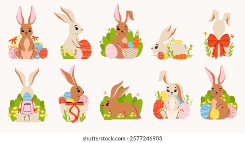 Easter rabbit. Cute cartoon bunny characters with different poses for spring holiday, rabbits greeting card, funny bunnies traditional animals. Vector rabbit isolated set.