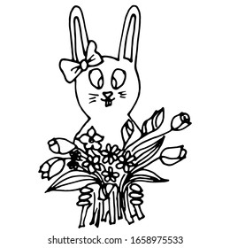 Osterkaninchen, süßer Charakter für Drucke, Farbseiten und Grußkarten. Handgezeichnet mit Blumen. Vektorillustration einzeln.