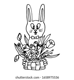 Easter rabbit, cute character for prints, coloring pages and greeting cards. Hand drawn bunny with flowers. Isolated stock vector illustration.