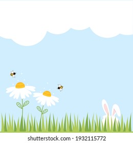 Easter rabbit with daisy flower and green grass on blue sky background vector illustration. Cute cartoon character.