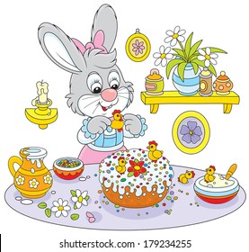 Easter rabbit decorating a fancy cake for the holiday table