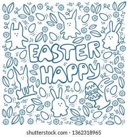 Сollection of easter rabbit in different poses with flowers, leaves and eggs around them. Vector