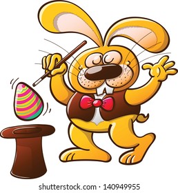 Easter rabbit doing magic tricks while making appear a beautiful decorated egg from his magician hat