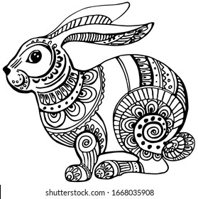 Easter rabbit with doodle and zentagle elements for coloring book. Greeting card, print Cute Bunny. Vector outline illustration. EPS 8