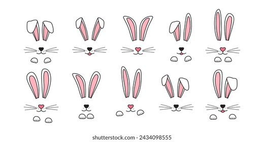 Easter rabbit ears, bunny face, paw, whisker. Cute doodle hare icon, cartoon character set isolated on white background. Animal funny vector illustration